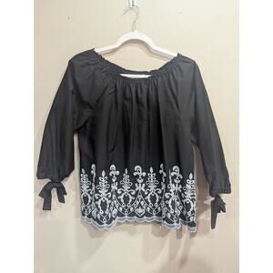 Black cotton blend peasant style blouse w/white hem embroidery by Time & Tru S